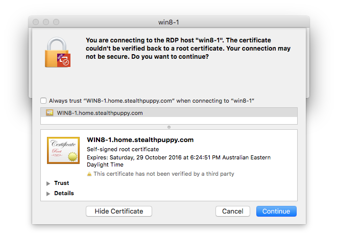 Certificate warning in the Remote Desktop client for OS X