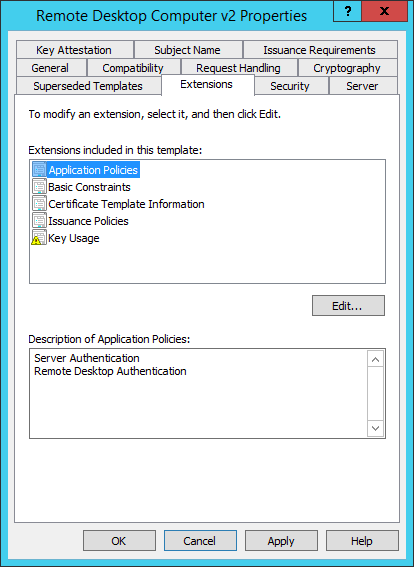 Remote Desktop template certificate extensions