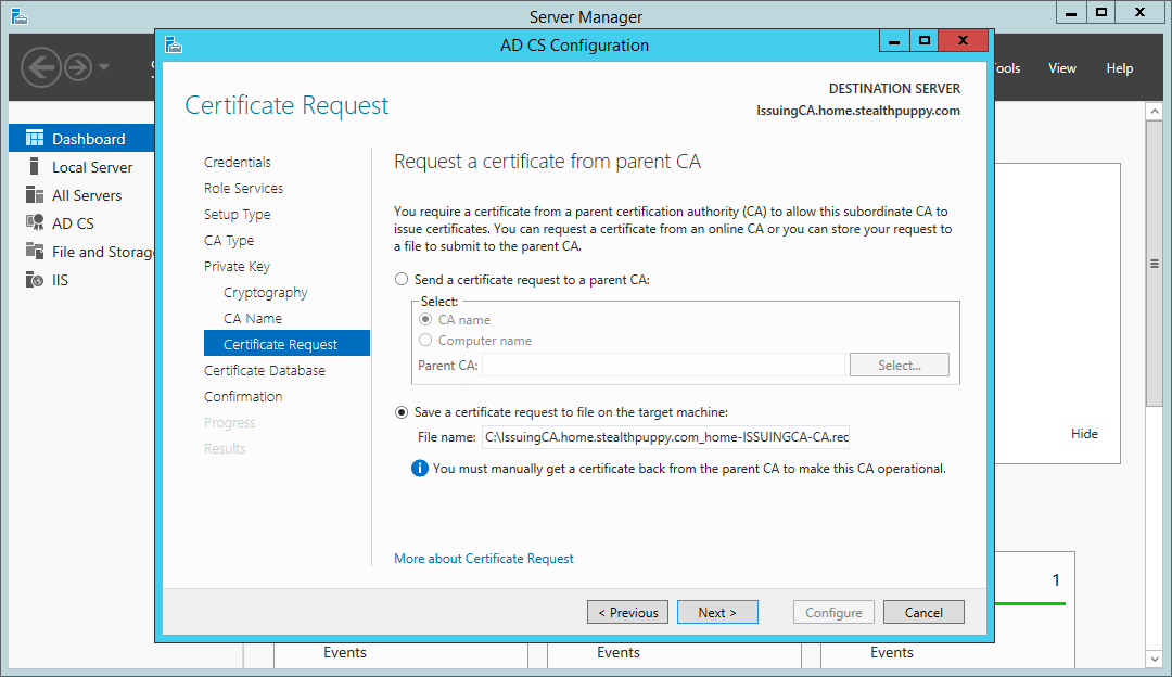 Certificate Services wizard - the CA certificate request