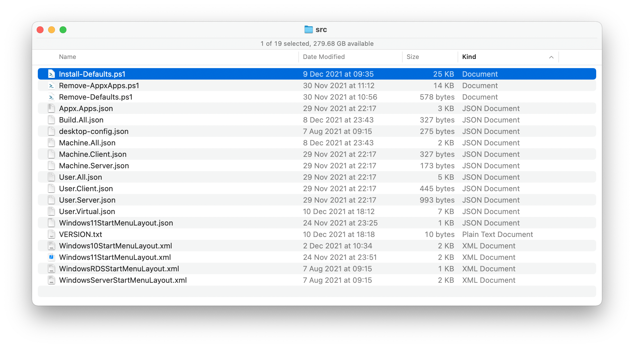 A folder listing of the Windows Custom Default files