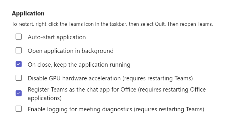 Microsoft Teams application settings