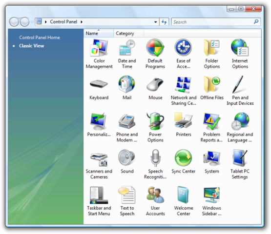 control panel classic view