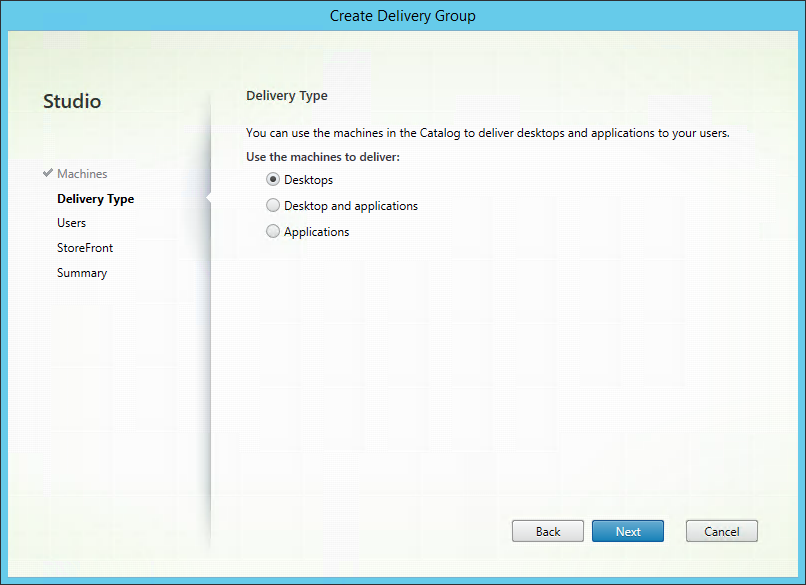 Selecting the delivery type - New-BrokerDesktopGroup -DeliveryType 'DesktopsOnly'