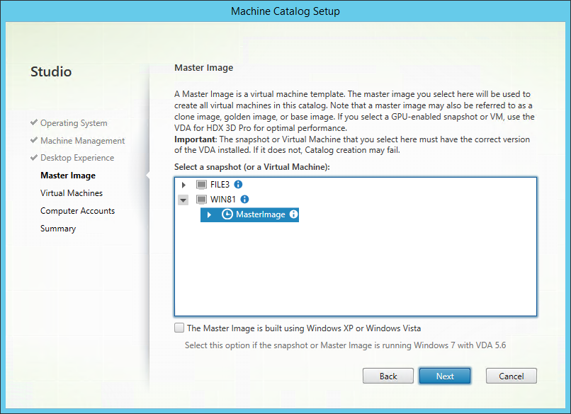 Selecting the master image and snapshot to use - New-ProvScheme -ProvisioningSchemeName "Windows 8" -HostingUnitName "HV1-LocalStorage -MasterImageVM "XDHyp:\HostingUnits\HV1-LocalStorage\WIN81.vm\MasterImage.snapshot"