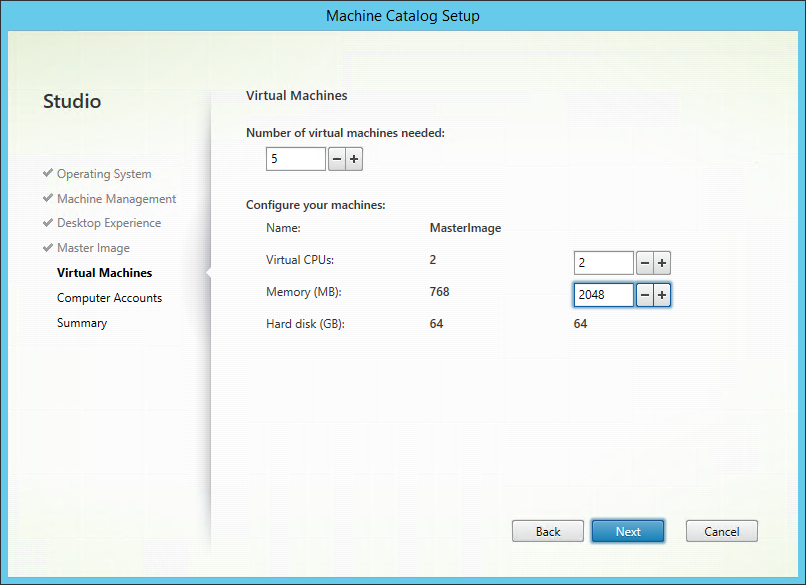 Selecting the virtual machine configurations - New-ProvScheme -VMCpuCount 2 -VMMemoryMB 2048