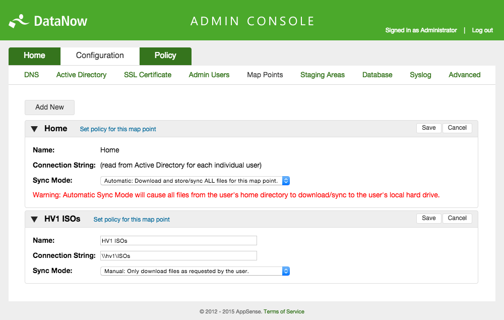 AppSense DataNow 3.5 appliance Map Point configuration