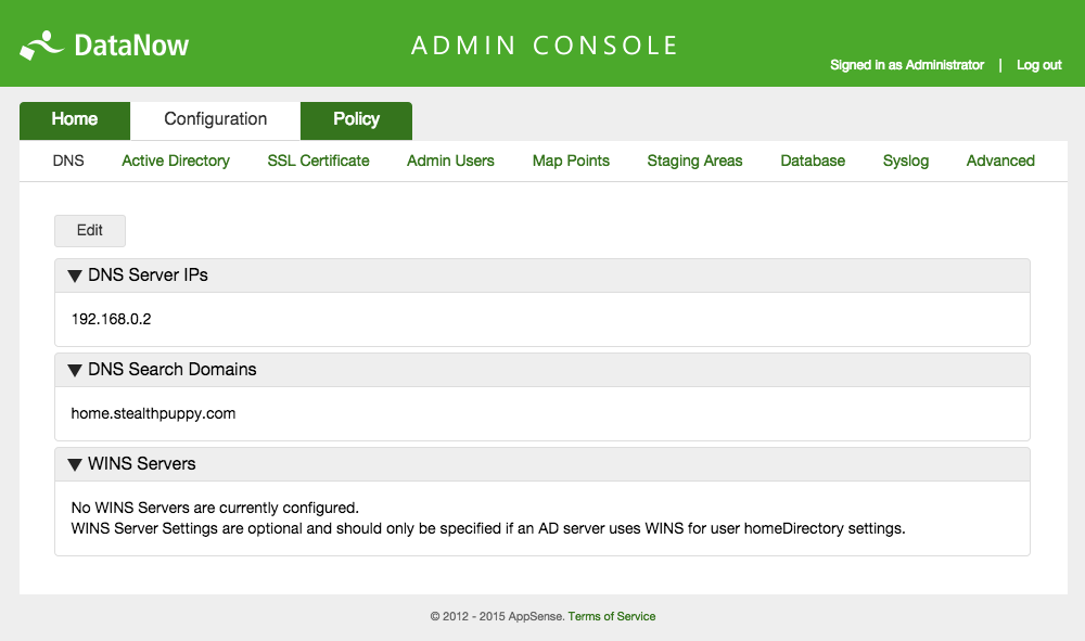 AppSense DataNow 3.5 appliance DNS configuration