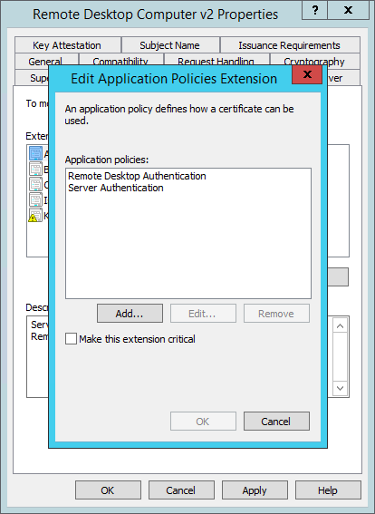 Remote Desktop certificate Application Policies extension