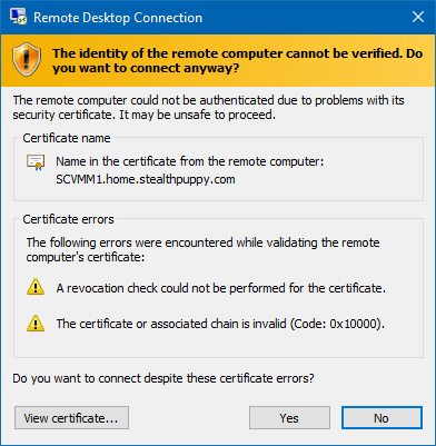 Certificate Warning on the Remote Desktop Connection client