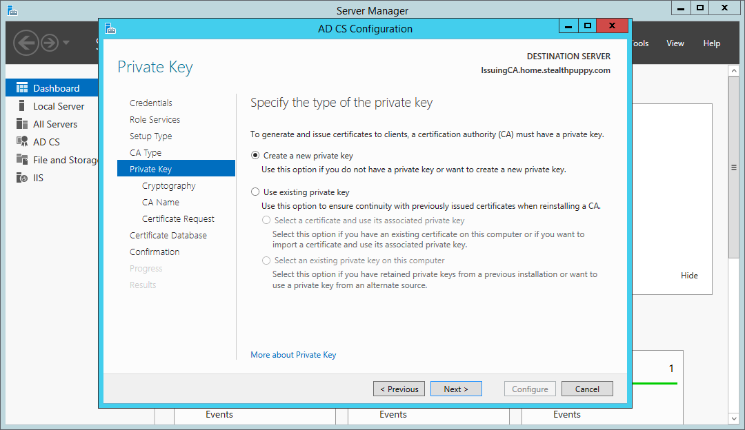 Certificate Services wizard – create a new private key
