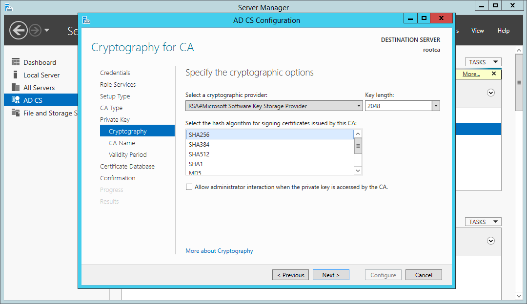 Certificate Services wizard - choosing cryptographic options