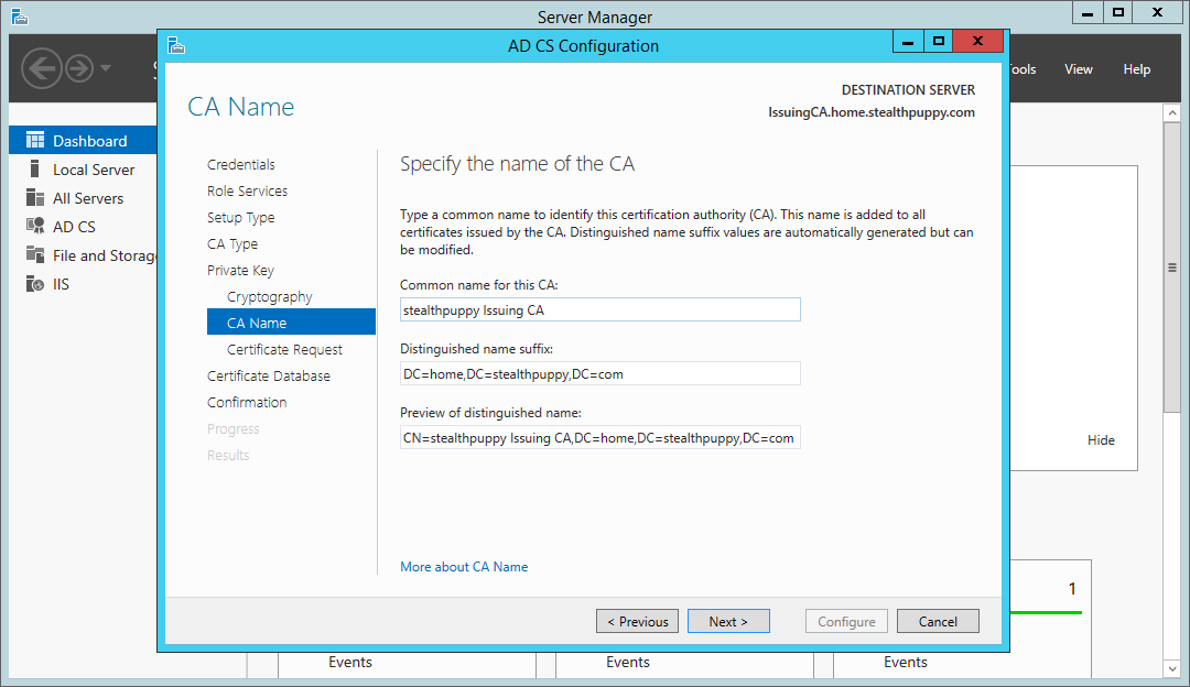 Certificate Services wizard - setting a subordinate certificate authority name
