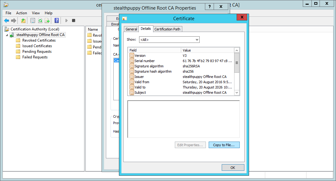 Certificate authority with SHA256 hashing algorithm