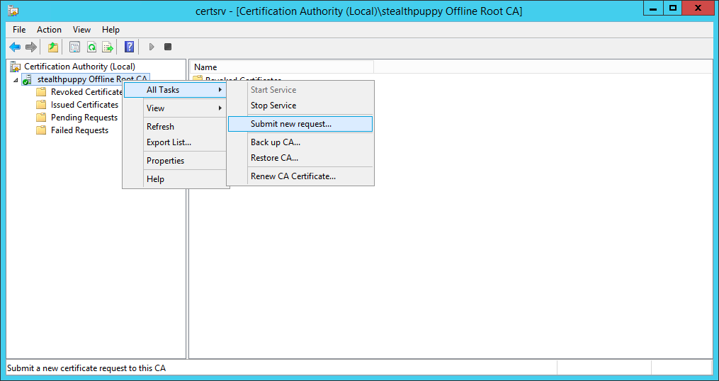 Submitting a new certificate request on the root CA