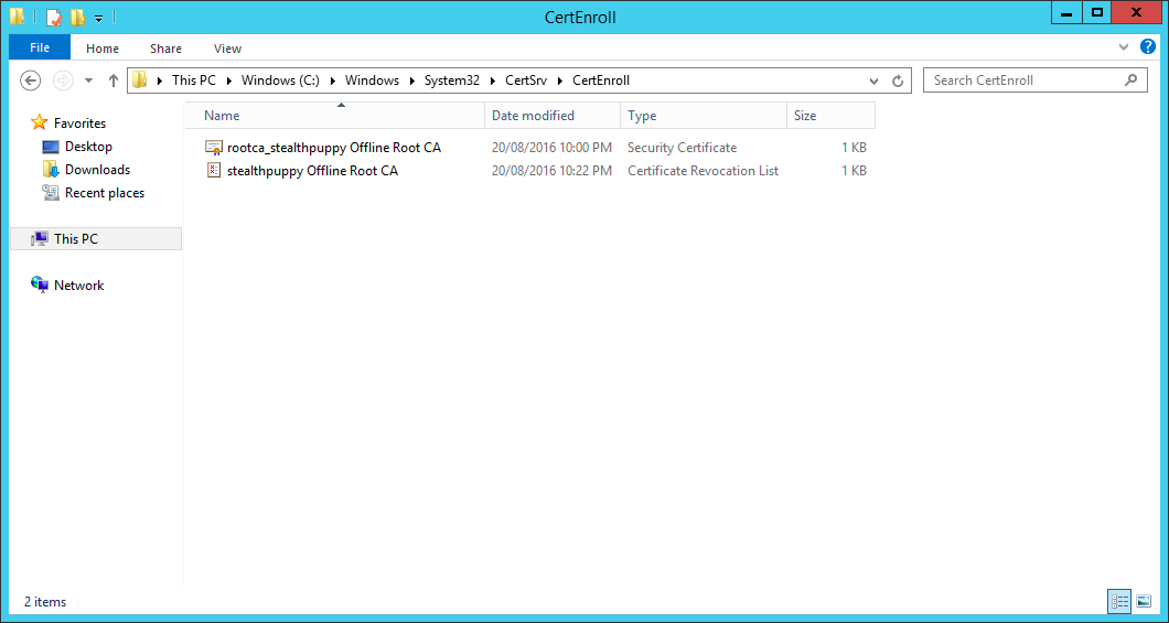 Certificates and CRL published to C:\Windows\System32\CertSrv\CertEnroll