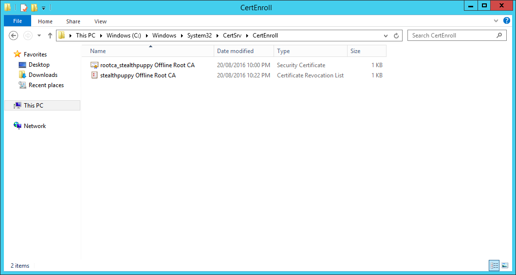 Certificates and CRL published to C:WindowsSystem32CertSrvCertEnroll