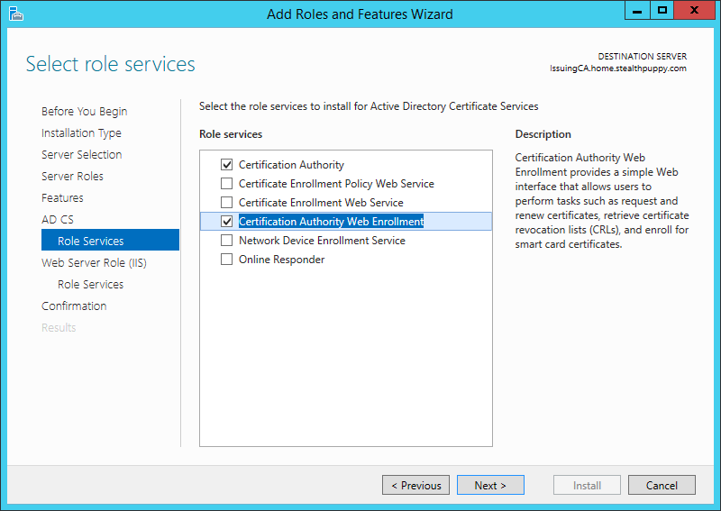 Installing the Certificate Authority components