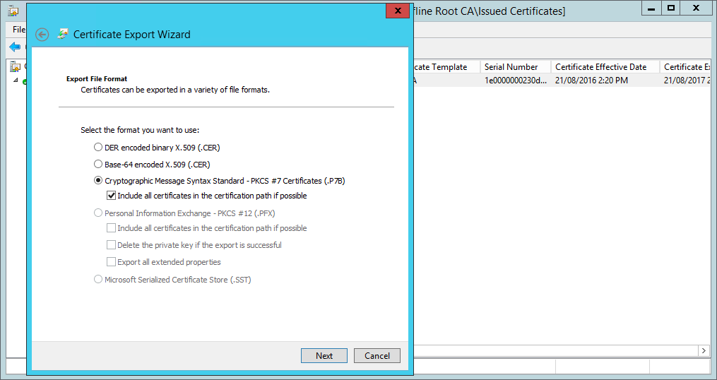 Copying the subordinate CA certificate to a PKCS format file
