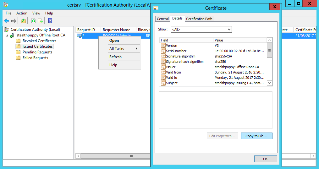 Open the properties of the issued certificate and copy to a file