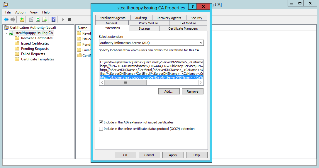 Configuring an AIA extension on the subordinate CA