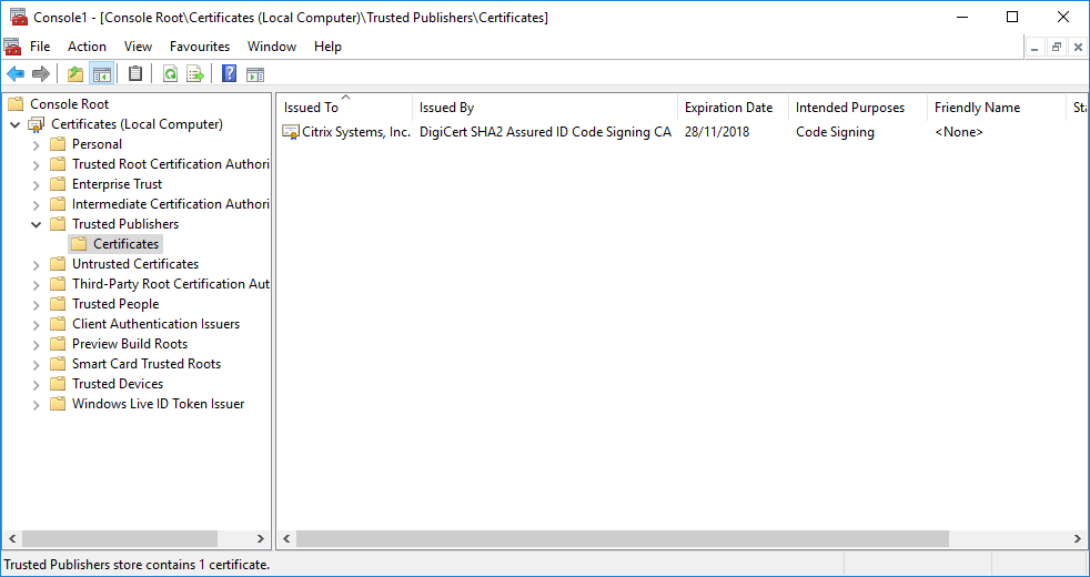 The code signing certificate in Certificate Manager