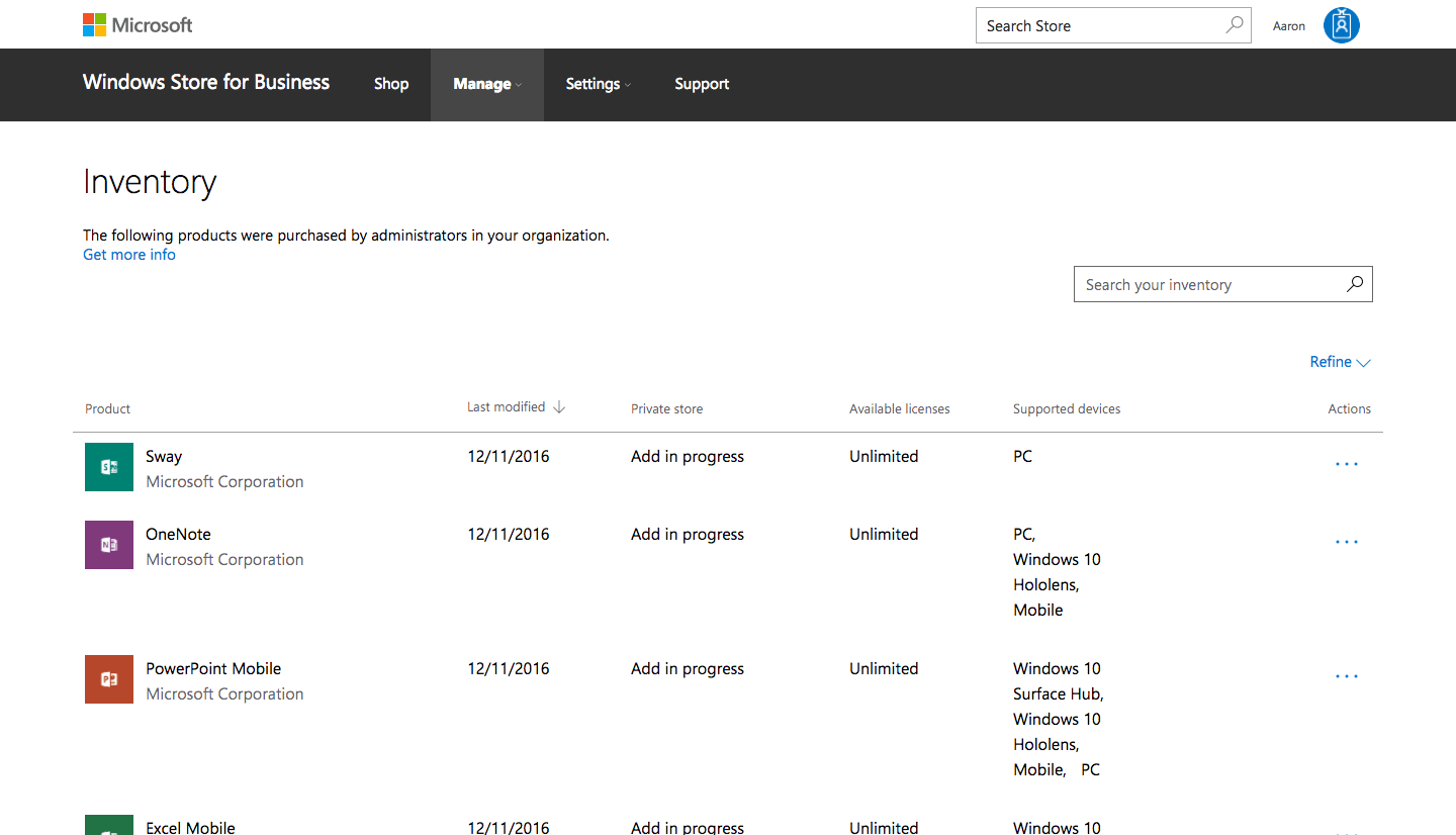 Viewing the Inventory in the Windows Store for Business