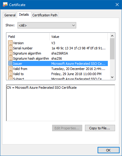 Azure SAML certificate properties