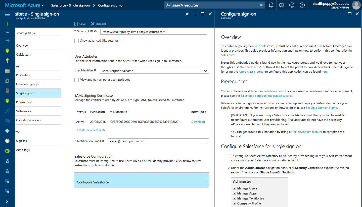 Configuring SSO for Salesforce in the Azure RM portal