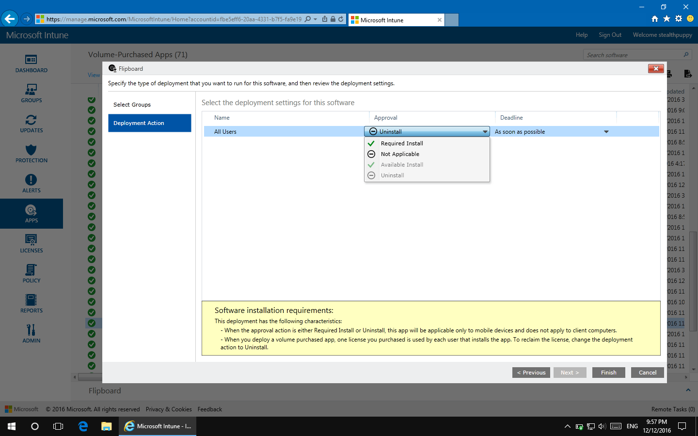 Setting deployment options on the application