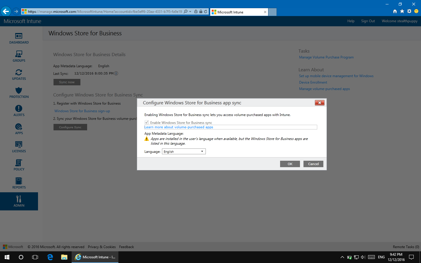 Configuring Windows Store for Business app sync in the Intune console