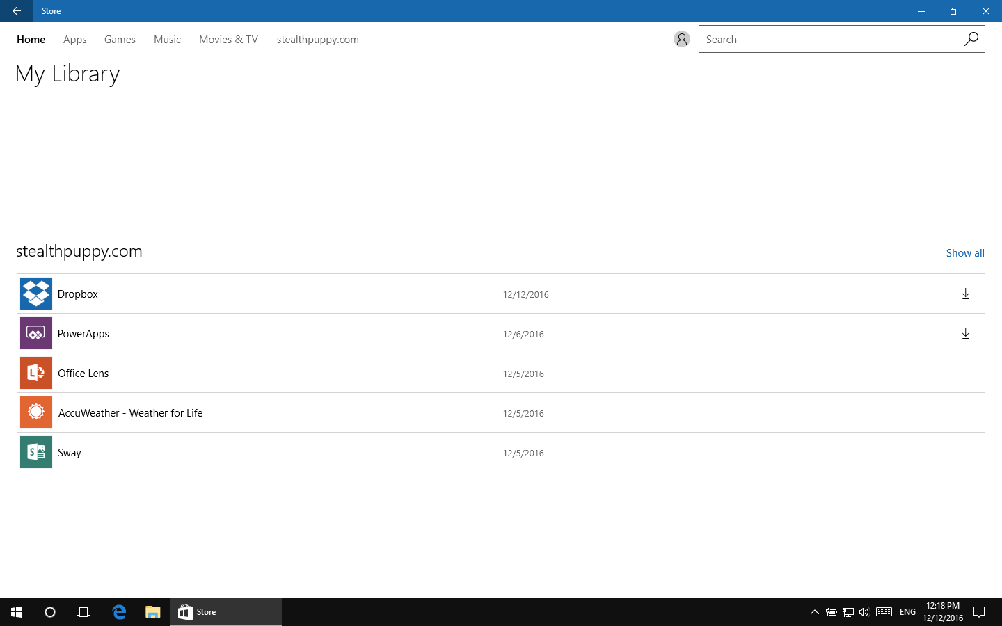 My Library in the Windows 10 Store app