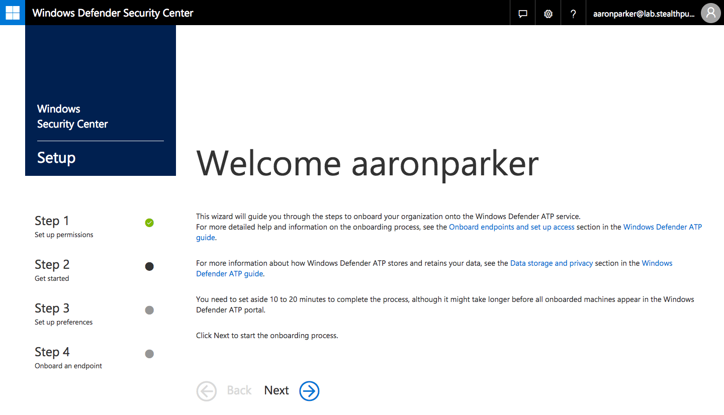 Windows Defender ATP setup welcome page