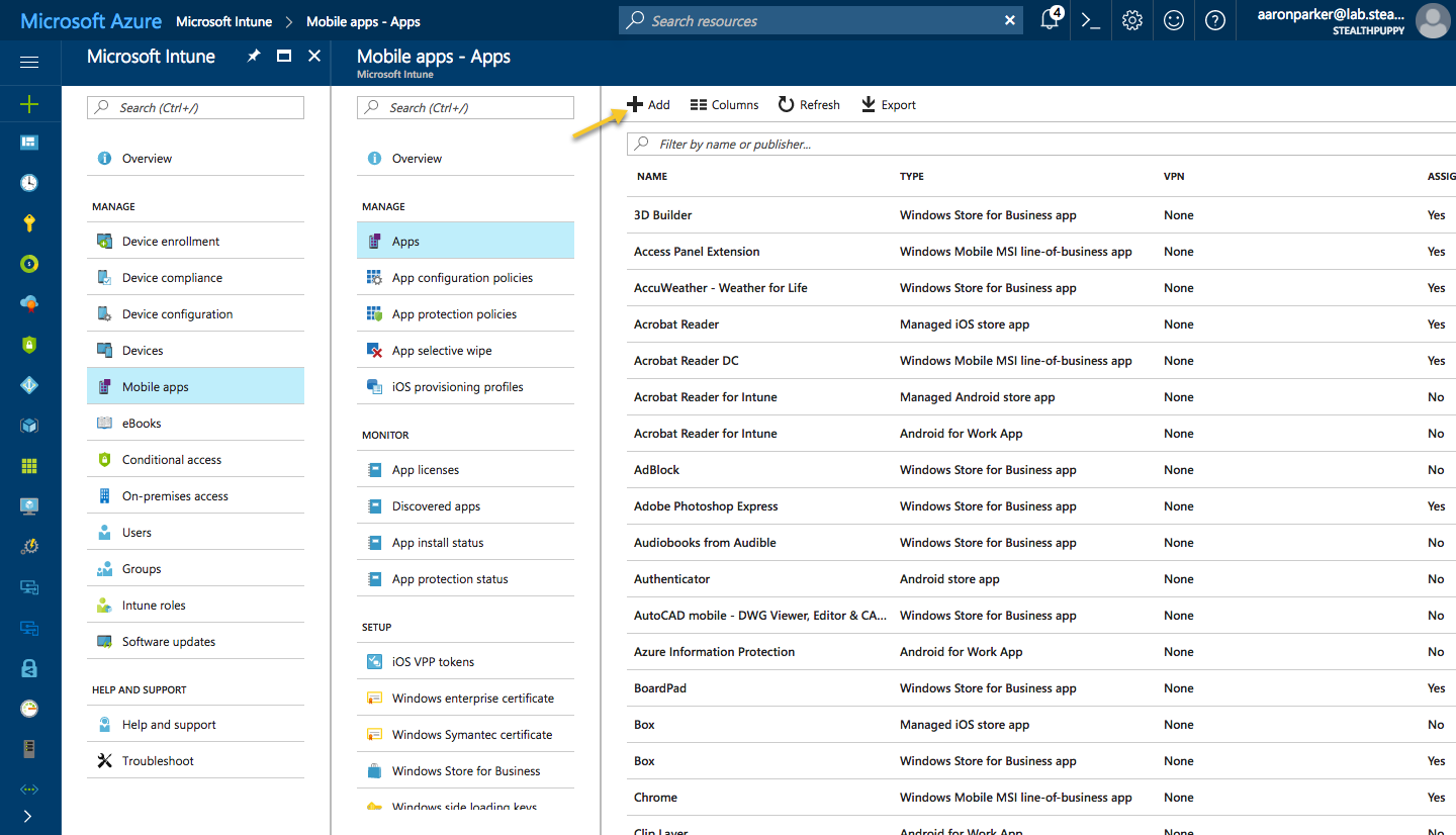 Adding an app in the Intune console