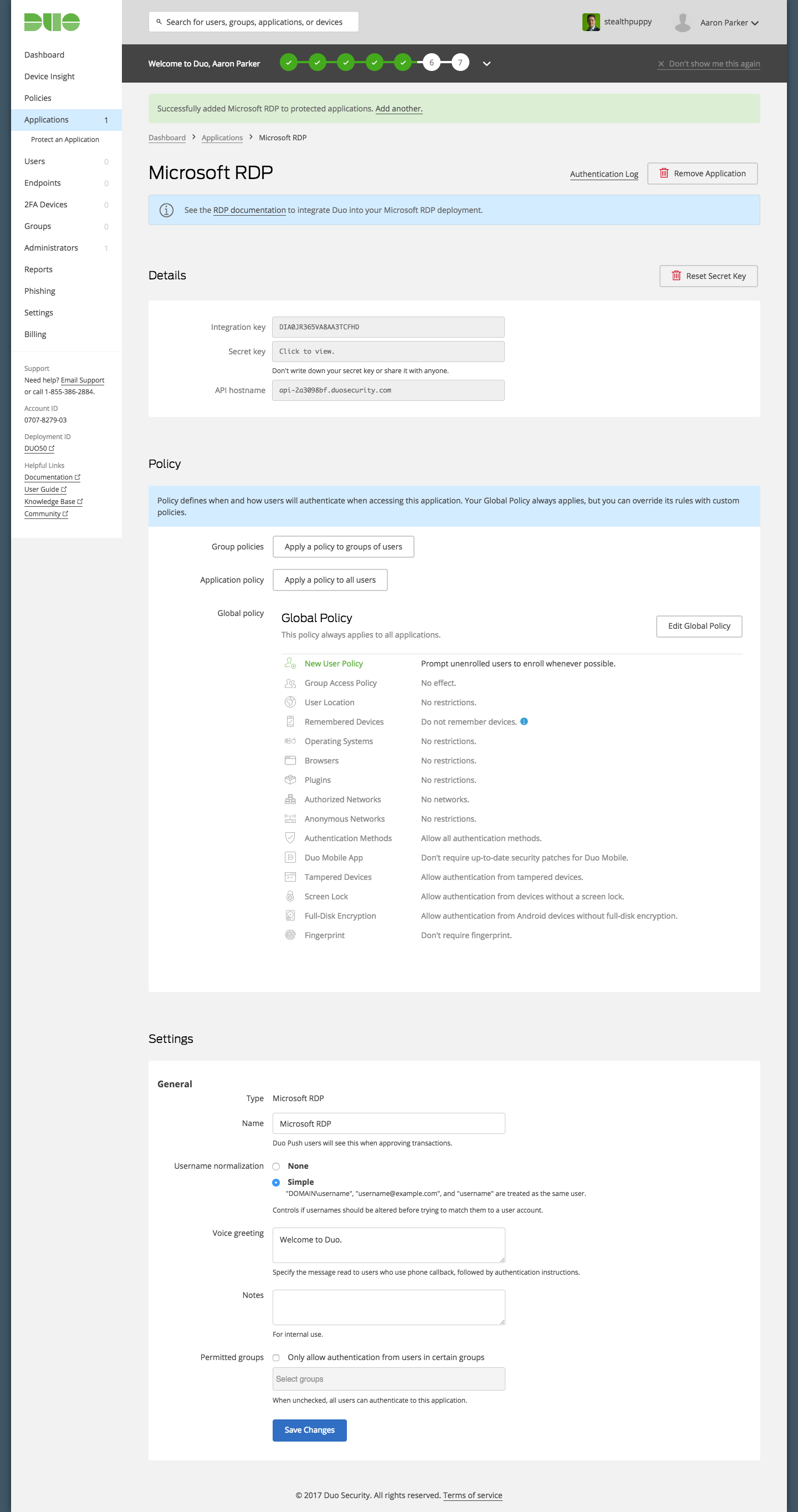 Authentication details for Microsoft RDP