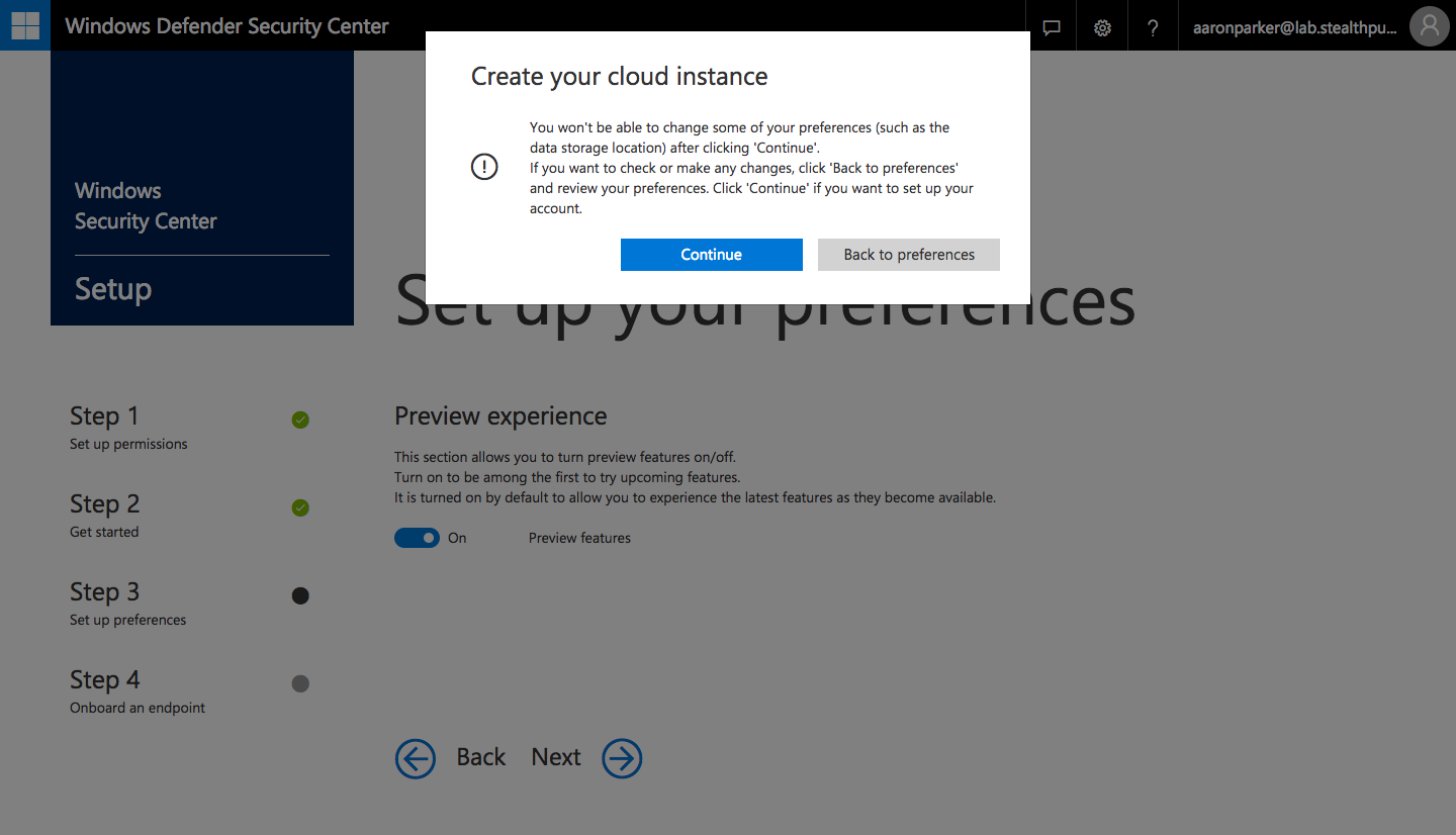 Step 7: Confirm creation of your Windows Defender ATP cloud instance