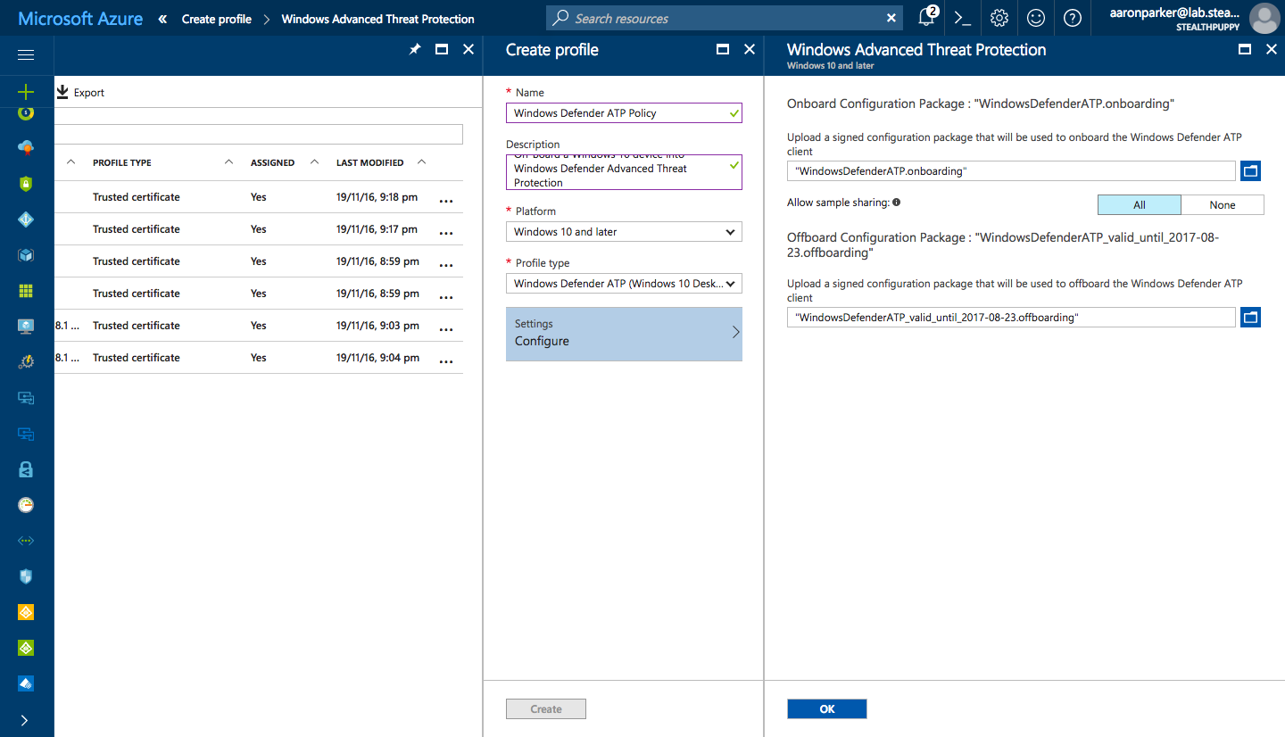 Configure the Windows ATP onboard and offboard package in Microsoft Intune