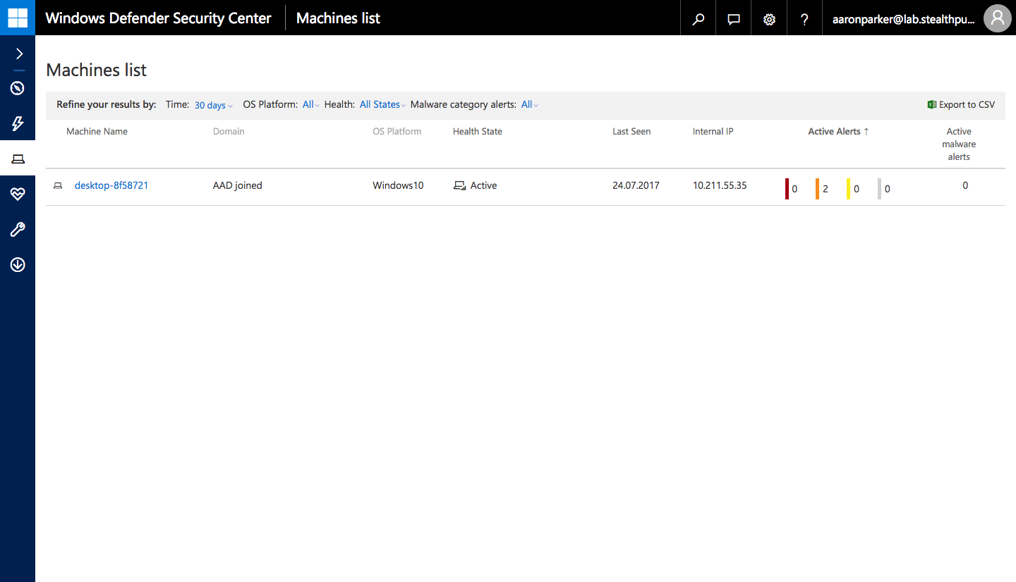 Machines List in the Windows Defender ATP console
