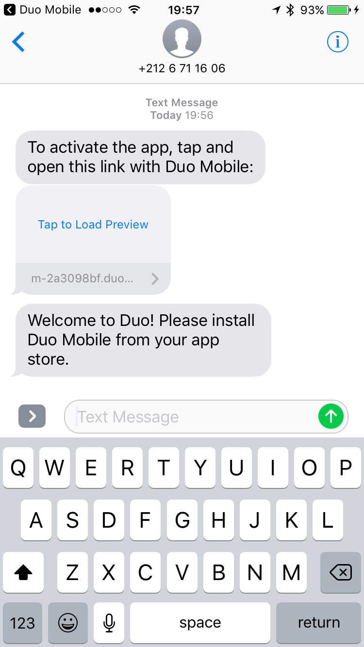 Duo activation link sent to the phone