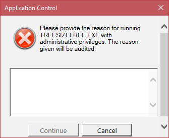 Ivanti Application Control default self-elevation message box