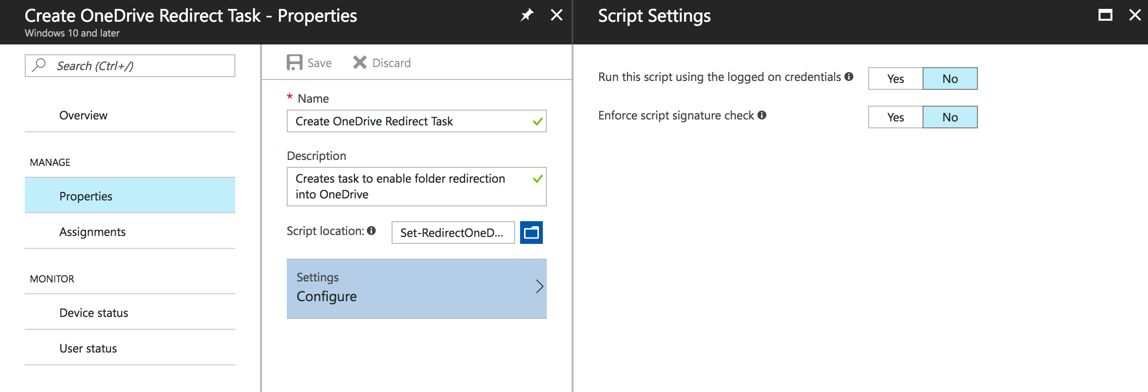 Adding the Create OneDrive Redirect Task script to Intune