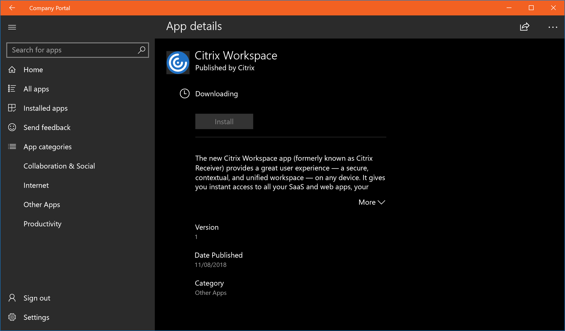 Citrix Workspace app in the Microsoft Intune Company Portal