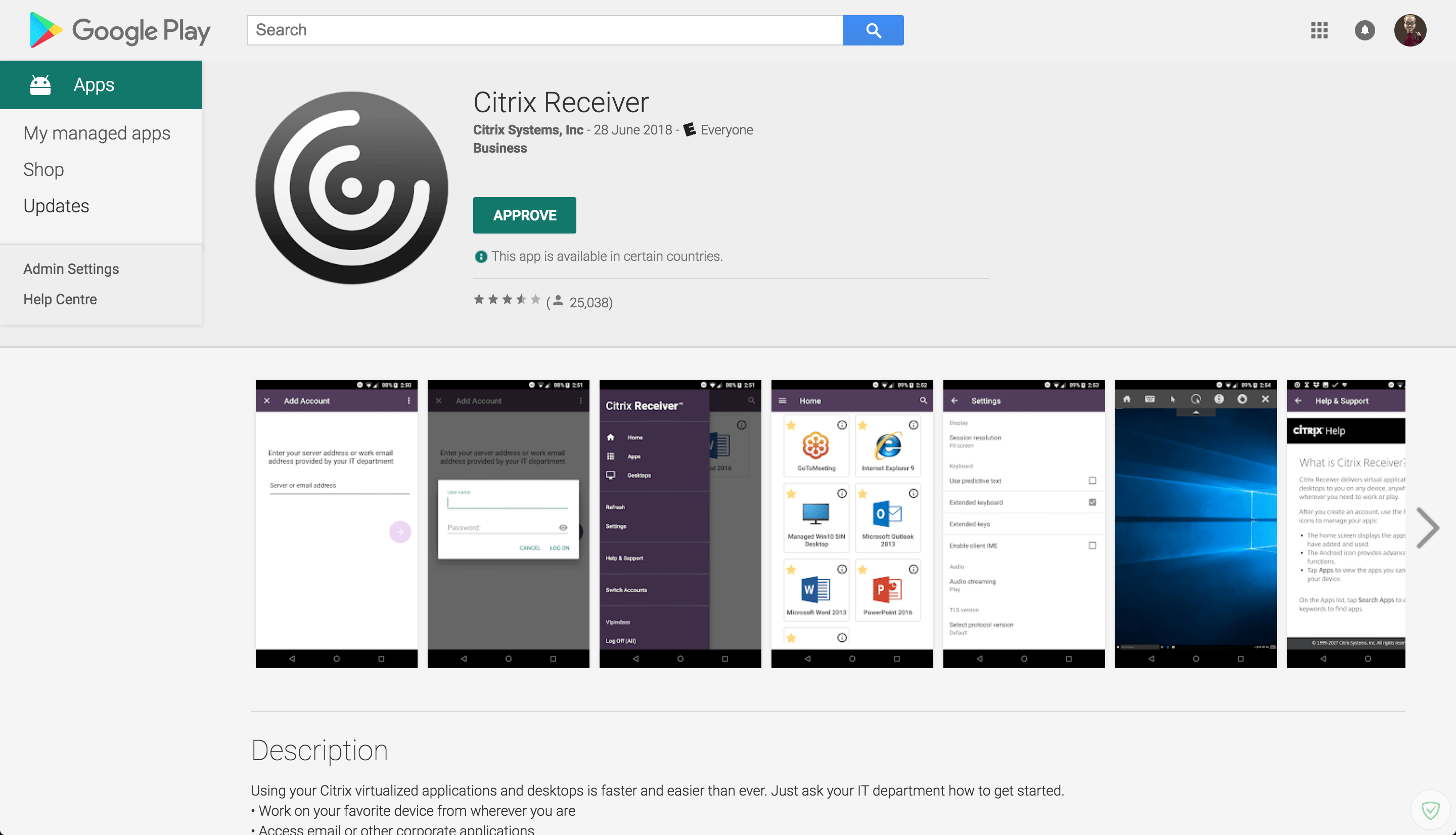 Approving Citrix Receiver in the Google Play store