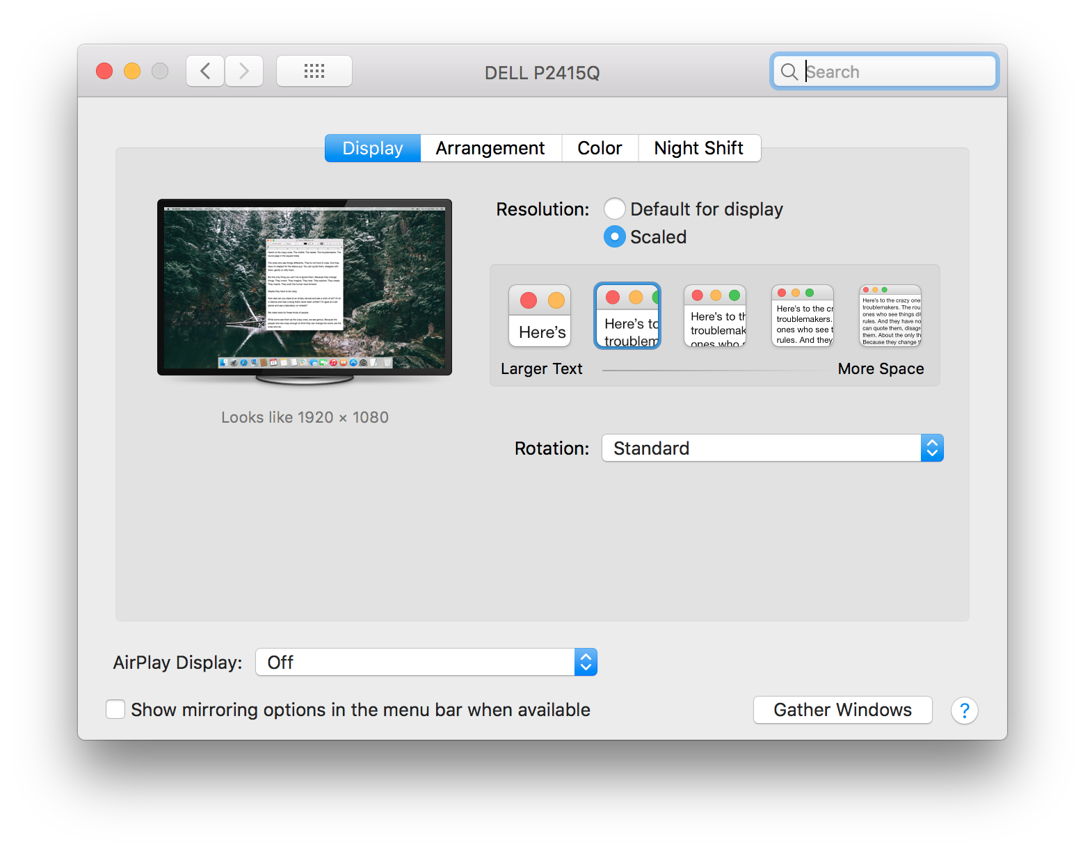 Dell P2415Q scaling options on macOS