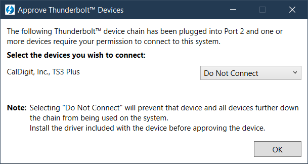 Approving connection to TB devices on Windows 10