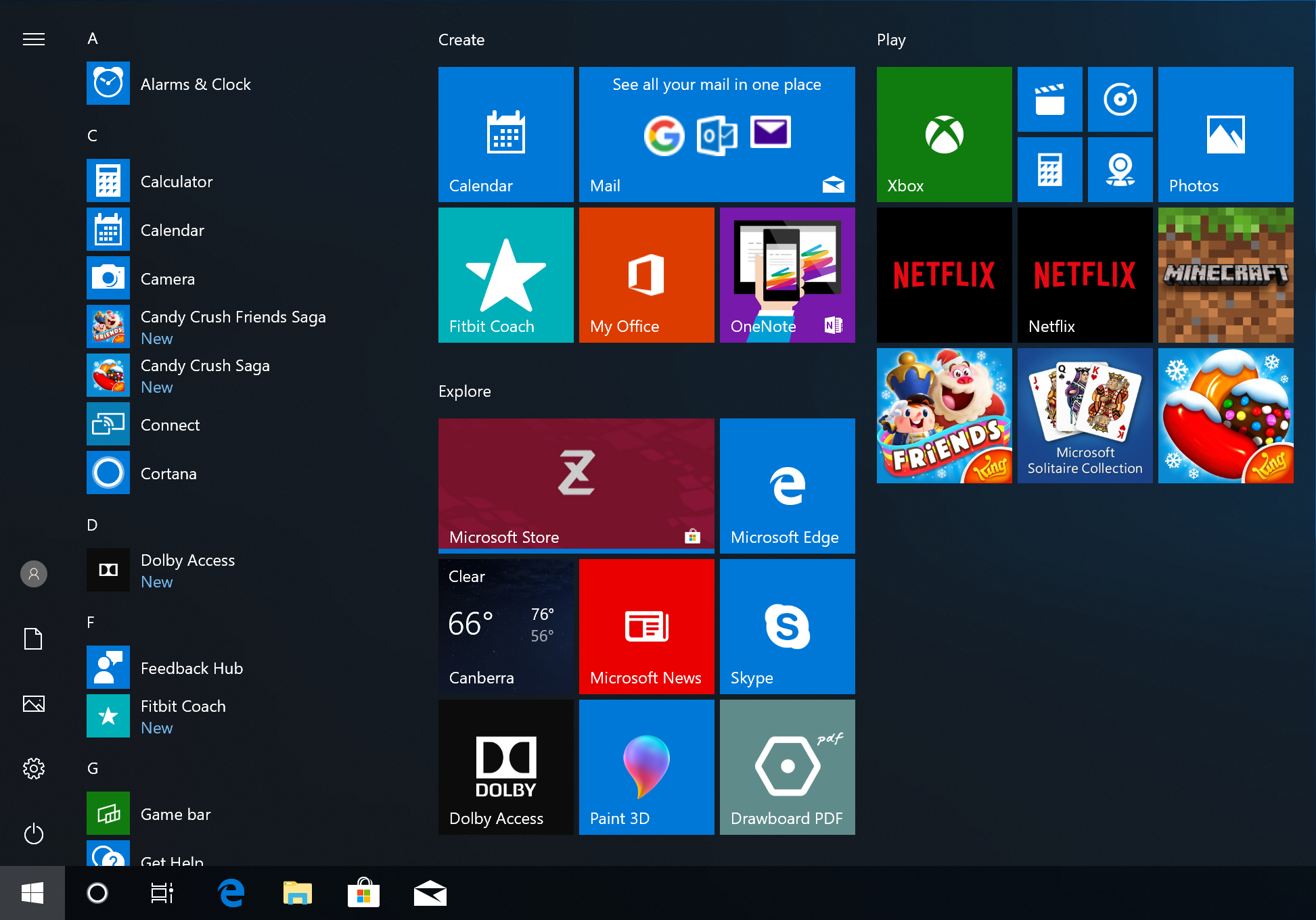 Windows 10 Pro 1809 default Start menu
