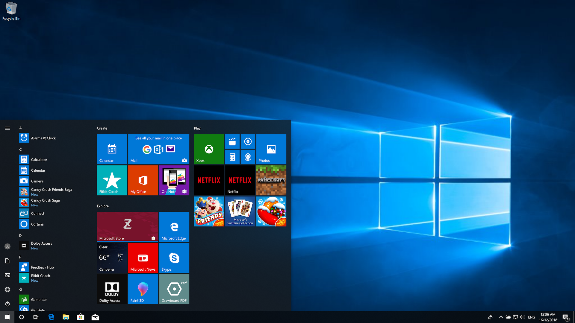 default start menu windows 10