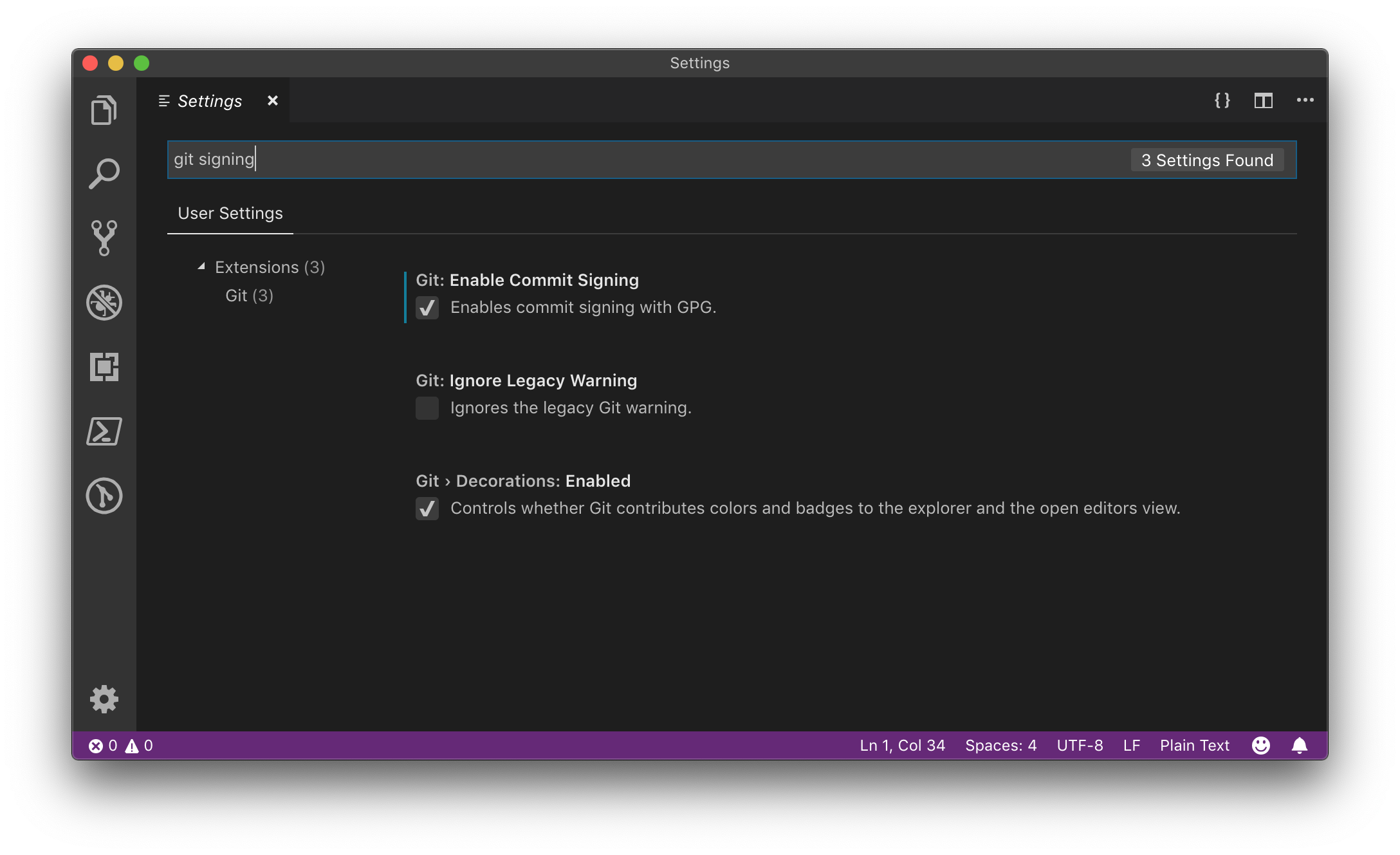 Enable Commit Signing in Visual Studio Code preferences and Signing Git Commits