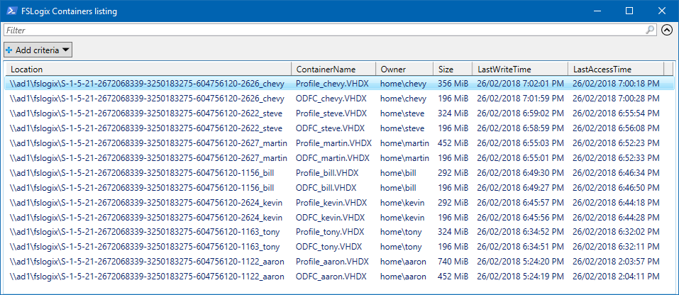 File stats for FSLogix Containers