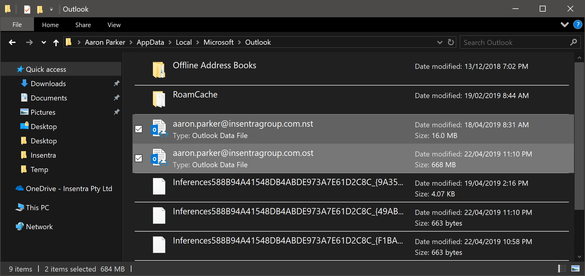Microsoft Outlook cache folder showing the OST and NST files