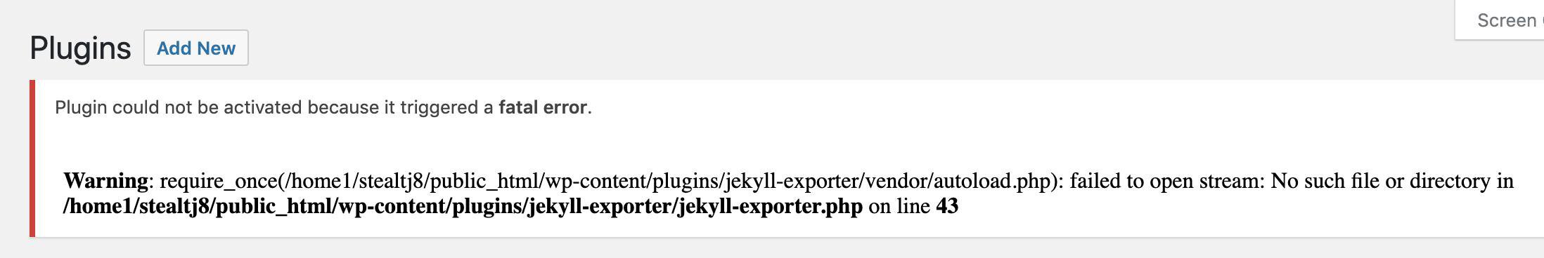 WordPress Php Error - "Plugin could not be activated"